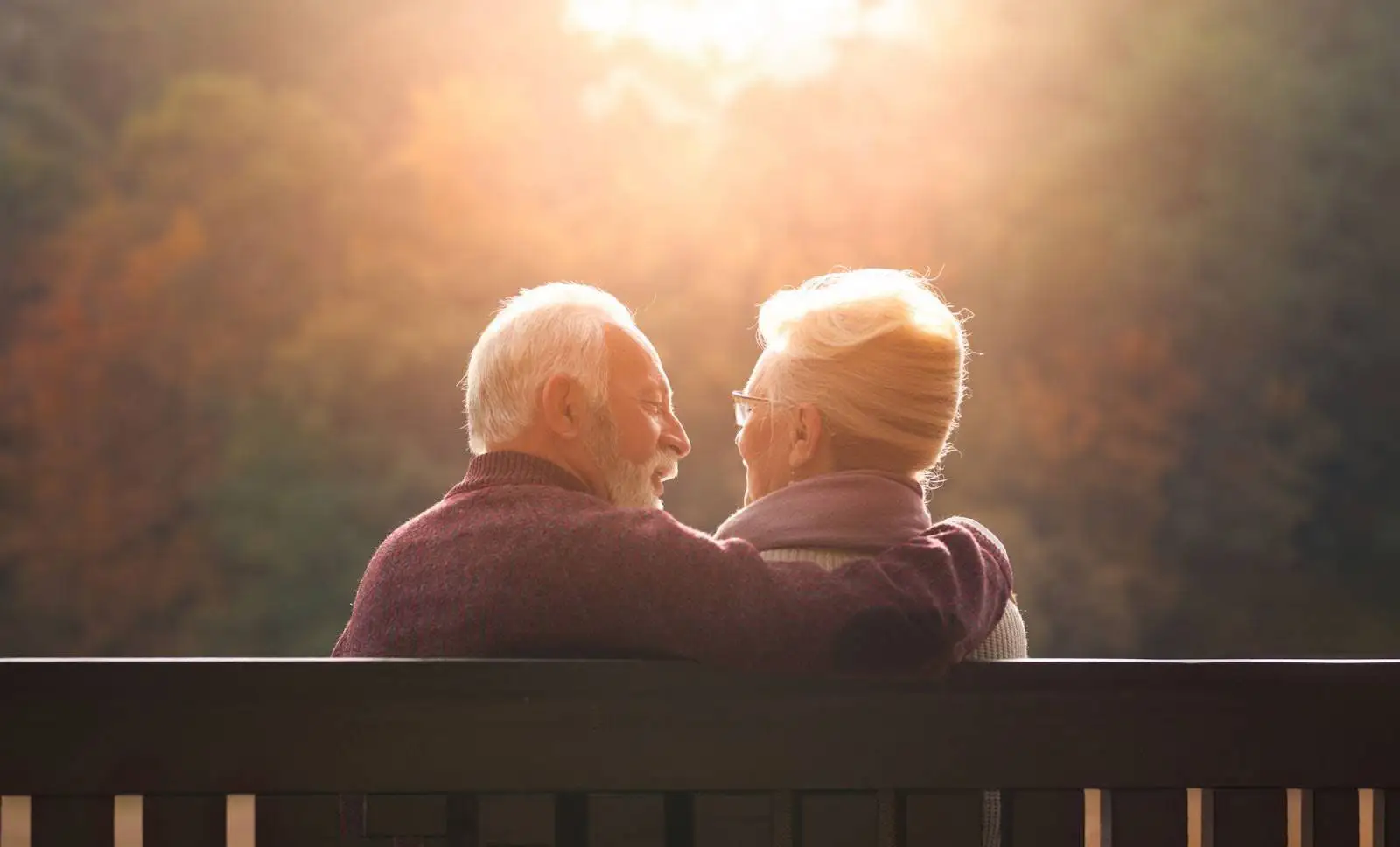 Senior couple on a park bench watching the sunset together