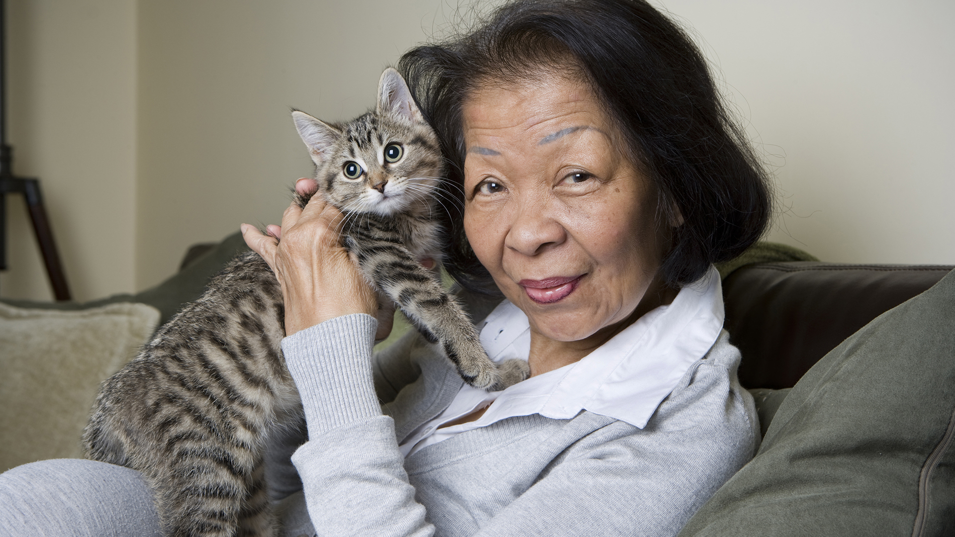 are cats good pets for seniors? This senior woman loves her young cat!